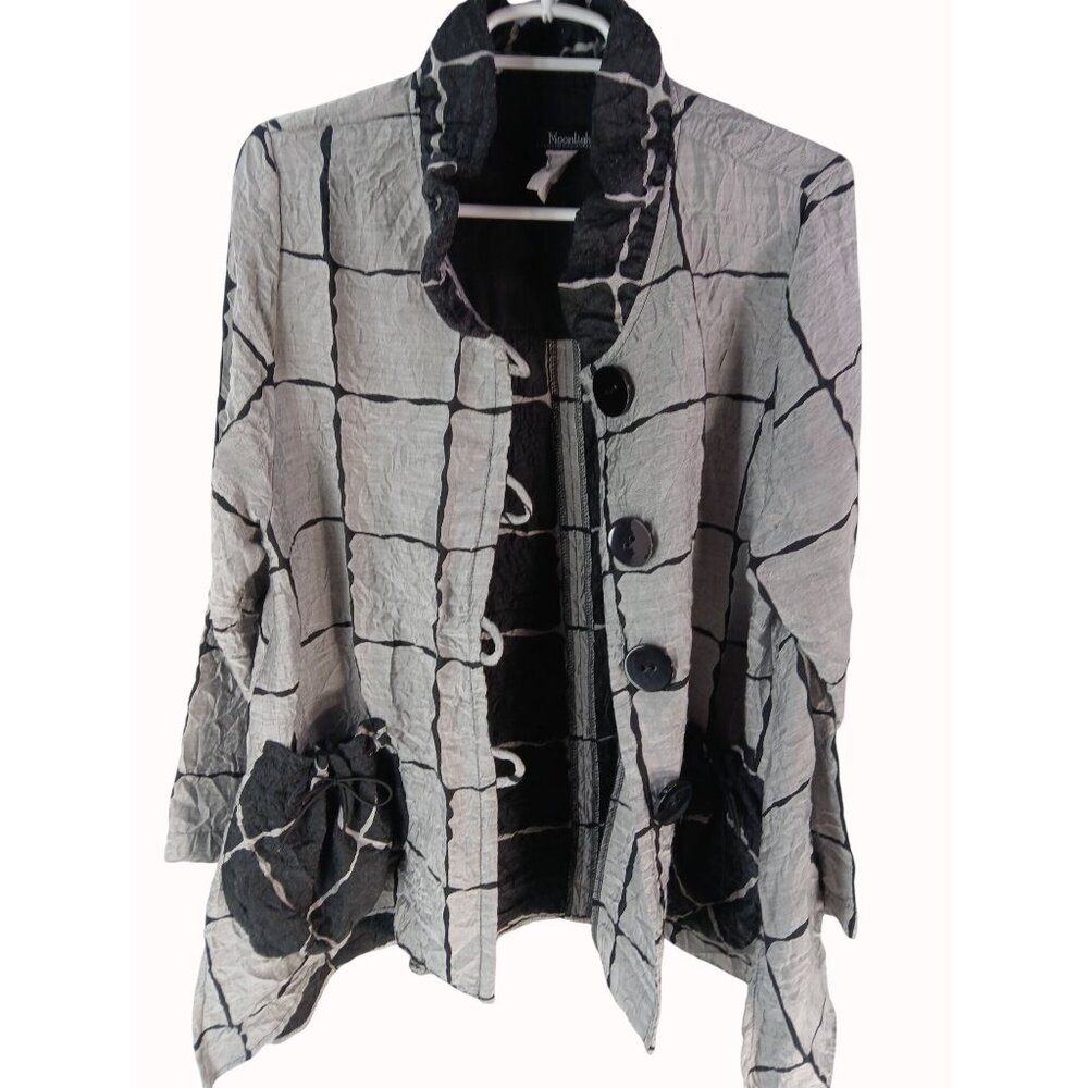 Moonlight Y&S Womens Crinkle Gray Black Grid Button Jacket Size L Pouch Pockets - Picture 11 of 16